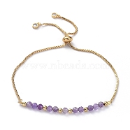 Adjustable Natural Amethyst Slider Bracelets, Bolo Bracelets, with Brass Box Chains, Cubic Zirconia, Brass Round Beads and Cardboard Packing Box, 9 inch(23cm)(BJEW-JB04929-04)
