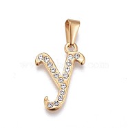 304 Stainless Steel Pendants, with Rhinestone, Letter, Letter.Y, 23x16x2mm, Hole: 3~3.5x7.5~8mm(STAS-F202-16G-Y)