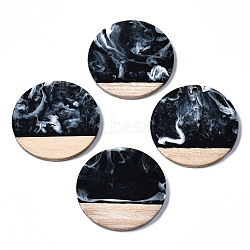 Opaque Resin & Walnut Wood Pendants, Two Tone, Flat Round, Black, 38.5x3.5mm, Hole: 2mm(X-RESI-T035-25-B02)