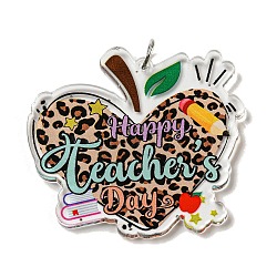 Teachers' Day Double-Sided Printed Acrylic Pendants, with Iron Jump Ring, Apple, 43x46x3mm, Hole: 5.5mm(OACR-G030-03E)