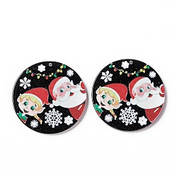 Christmas Printed Acrylic Pendants, Flat Round with Santa Claus, Black, 40x2~2.5mm, Hole: 1.5~1.6mm(SACR-G019-B04-A)