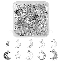 90Pcs 10 Styles Tibetan Style Alloy Pendants, Moon & Star, Antique Silver, 12~22x7~17x1~3mm, Hole: 1.6~2mm(FIND-FS0001-41)