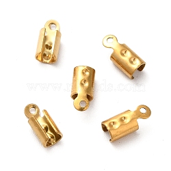 Ion Plating(IP) 201 Stainless Steel Cord End, Folding Crimp Ends, Real 18K Gold Plated, 8x3.5x3.5mm, Hole: 0.9mm, Inner Diameter: 3x3mm, Fit For Rhinestone: 0.5mm(STAS-E192-02G-03)