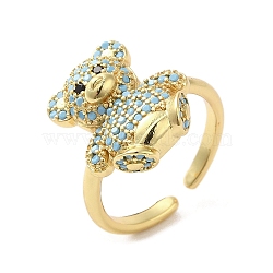 Rack Plating Brass Micro Pave Cubic Zirconia Finger Ring, Cuff Ring, Long-Lasting Plated, Cadmium Free & Lead Free, Bear, Light Sky Blue, Inner Diameter: 17mm(RJEW-C072-32B-02G)