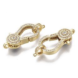 Brass Micro Pave Clear Cubic Zirconia Lobster Claw Clasps, with Tube Bails, Nickel Free, Flat Round, Real 16K Gold Plated, Clasp: 27x14x7mm, Hole: 1.5x2mm, Tube Bails: 9.5x7.5x1.5mm, hole: 1.2mm(ZIRC-S066-025-NF)