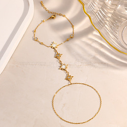 Summer 304 Stainless Steel Crystal Rhinestone Star Link Hand Chain Ring Bracelets for Women, with Natural White Shell, Real 18K Gold Plated, Inner Diameter: 2.09 inch(5.3cm)(SA-CBAAE04-03G)