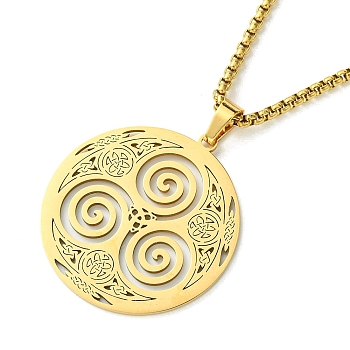 Titanium Steel Pendant Necklaces, Box Chain, Flat Round with Triskele Triskelion, Golden, 23.31 inch(59.2cm)