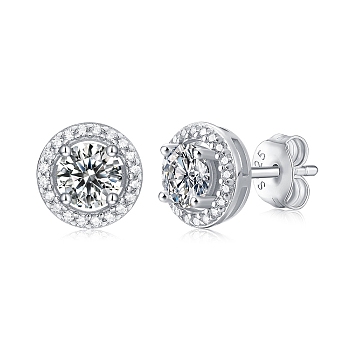 Anti-Tarnish 925 Sterling Silver Micro Pave Clear Cubic Zirconia, with Moissanite Rhinestone Stud Earrings, Round, Platinum, 8.5mm