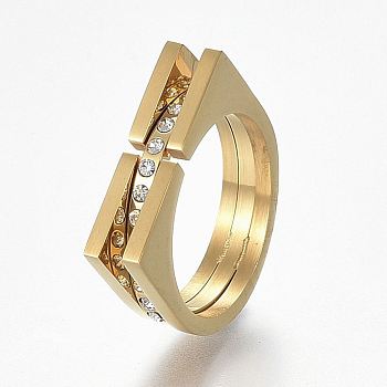 304 Stainless Steel Wide Band Finger Rings, with Rhinestone, Size 7, Golden, 17mm