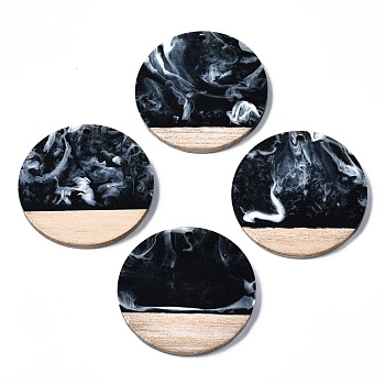 Opaque Resin & Walnut Wood Pendants, Two Tone, Flat Round, Black, 38.5x3.5mm, Hole: 2mm
