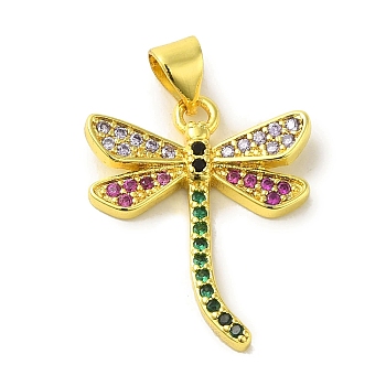 Brass Micro Pave Cubic Zirconia Pendants, Real 18K Gold Plated Dragonfly Charms, Colorful, 21x18.5x3.5mm, Hole: 5x3.5mm