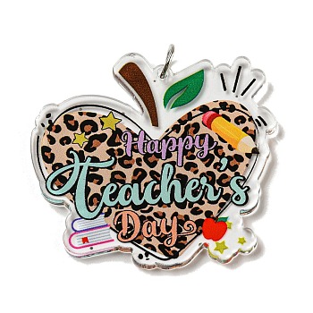 Teachers' Day Double-Sided Printed Acrylic Pendants, with Iron Jump Ring, Apple, 43x46x3mm, Hole: 5.5mm