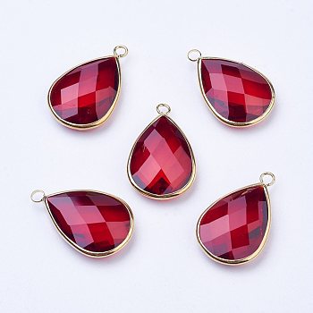 Golden Tone Brass Glass Teardrop Pendants, Faceted, Dark Red, 18x10x5mm, Hole: 2mm