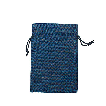 Linenette Drawstring Bags, Rectangle, Marine Blue, 14x10cm