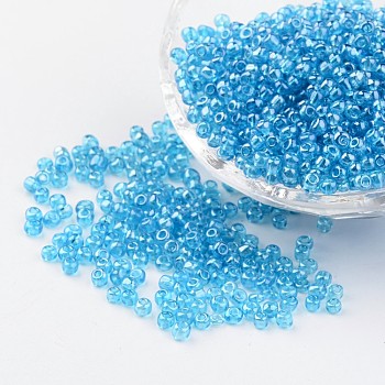 Round Glass Seed Beads, Trans. Colours Lustered, Light Blue, Size: about 3mm in diameter, hole: 1mm, about 1097pcs/50g