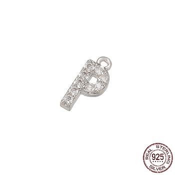 Real Platinum Plated Rhodium Plated 925 Sterling Silver Micro Pave Clear Cubic Zirconia Charms, Initial Letter, Letter P, 9.5x4x1.5mm, Hole: 0.9mm
