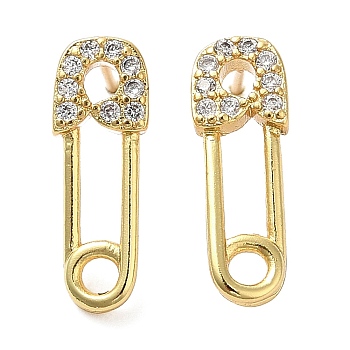 Rack Plating Brass Safety Pin Stud Earrings with Cubic Zirconia, Lead Free & Cadmium Free, Real 18K Gold Plated, 16x5.5mm