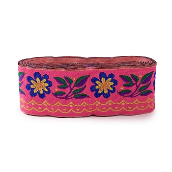 Embroidery Polyester Ribbons, Jacquard Ribbon, Tyrolean Ribbon, Garment Accessories, Floral Pattern, Camellia, 51mm, about 7m/bundle
