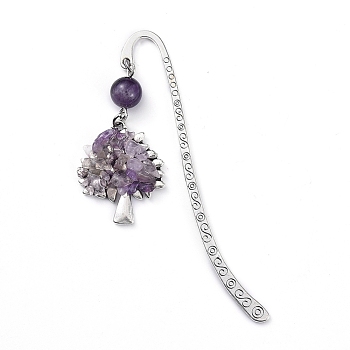 Tibetan Style Alloy Bookmarks, with Alloy Pendants and Natural Amethyst Beads, Tree, 84mm, Pendant: 28x23.5x6mm