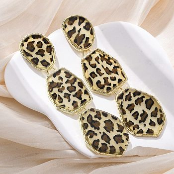 Alloy acrylic Dangle Stud Earrings, Long Leopard Print with Oval, Golden, 102x30mm