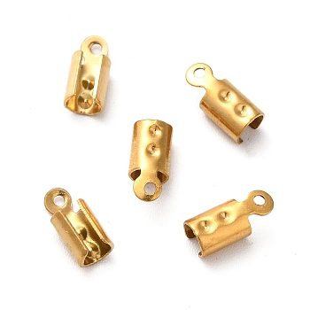 Ion Plating(IP) 201 Stainless Steel Cord End, Folding Crimp Ends, Real 18K Gold Plated, 8x3.5x3.5mm, Hole: 0.9mm, Inner Diameter: 3x3mm, Fit For Rhinestone: 0.5mm