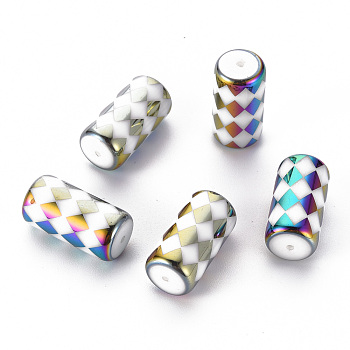 Electroplate Glass Beads, Column with Rhombus Pattern, Colorful, 20x10mm, Hole: 1.2mm, 50pcs/bag