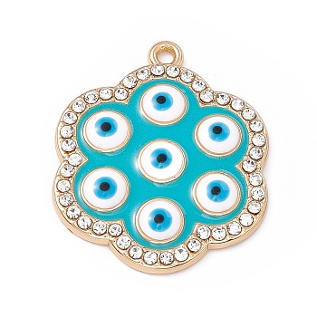 Alloy Enamel Pendants, with Crystal Rhinestone, Flower with Evil Eye Charms, Light Gold, 28.5x24x3mm, Hole: 1.6mm