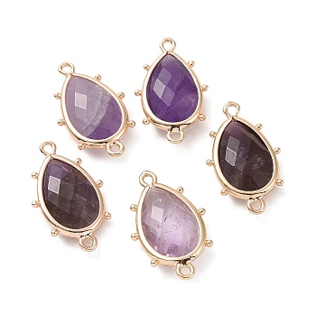 Natural Amethyst Connector Charms, with Golden Plated Brass Edge Loops, Faceted, Teardrop, 24x14.5x5mm, Hole: 1.2mm & 1.4mm