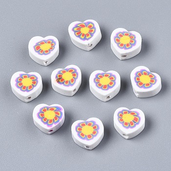 Handmade Polymer Clay Beads, Heart with Flower Pattern, White, 9x9~10x4~5mm, Hole: 1.5mm