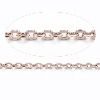 Ion Plating(IP) 304 Stainless Steel Cable Chains, Soldered, with Spool, Flat Oval, Rose Gold, 1.5x1.3x0.3mm, about 32.8 Feet(10m)/roll