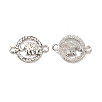 Alloy Connector Charms with Crystal Rhinestone, Flat Round Links with Elephant, Nickel, Platinum, 16x25x2.5mm, Hole: 2.4mm