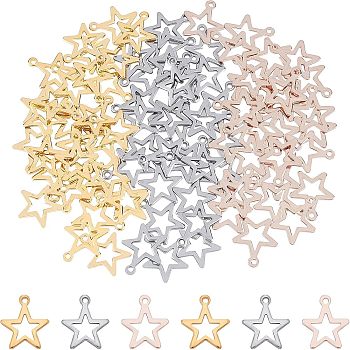 304 Stainless Steel Pendants, Star, Hollow, Mixed Color, 14.5~15x12.5~13x0.8~1mm, Hole: 1.2~1.4mm, 3 colors, 30pcs/color, 90pcs/box