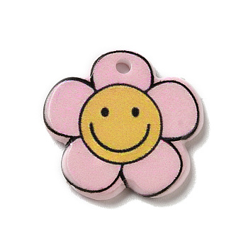 Halloween Printed Acrylic Pendants, Smiling Face Pattern Charm, Flower, 20x21x2mm, Hole: 2mm