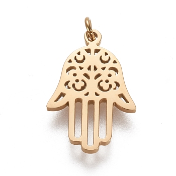 304 Stainless Steel Pendants, with Jump Ring, Laser Cut, Hamsa Hand/Hand of Fatima/Hand of Miriam, Golden, 20x13x1.5mm, Hole: 2mm