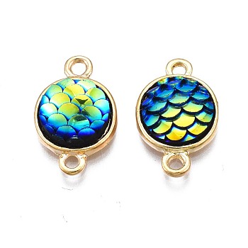 Alloy Resin Links connectors, Flat Round with Mermaid Fish Scale Shaped, Light Gold, Green, 18.5x11x4.5mm, Hole: 1.8mm