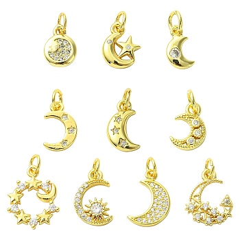 10Pcs 10 Styles Brass Micro Pave Clear Cubic Zirconia Pendants, with Jump Ring, Moon Charms, Real 18K Gold Plated, 10~17x5.5~13x1.5~2.5mm, Hole: 3mm, 1pc/style