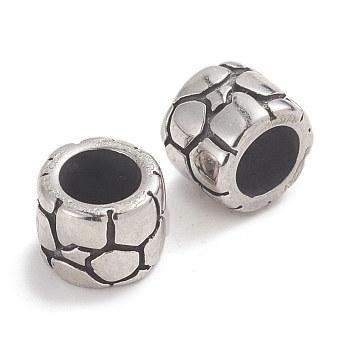304 Stainless Steel Beads, Large Hole Beads, Column with Crack Pattern, Antique Silver, 7.2x6mm, Hole: 4.5mm