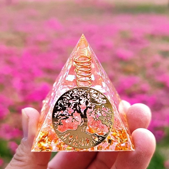 Orgonite Pyramid Resin Energy Generators, Reiki Natural Quartz Chips with Tree of Life for Home Office Desk Decoration, 50mm