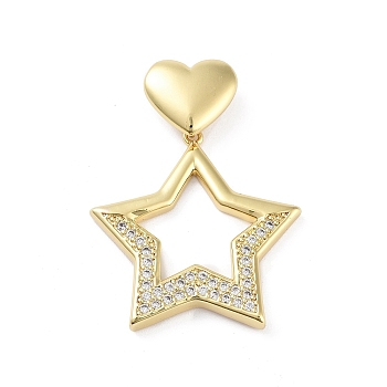 Rack Plating Brass Micro Pave Clear Cubic Zirconia Pendants, Long-Lasting Plated, Lead Free & Cadmium Free, Star, 39mm, Hole: 4x7.5mm, star: 30x30x3mm