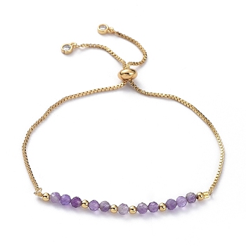 Adjustable Natural Amethyst Slider Bracelets, Bolo Bracelets, with Brass Box Chains, Cubic Zirconia, Brass Round Beads and Cardboard Packing Box, 9 inch(23cm)