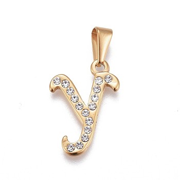 304 Stainless Steel Pendants, with Rhinestone, Letter, Letter.Y, 23x16x2mm, Hole: 3~3.5x7.5~8mm