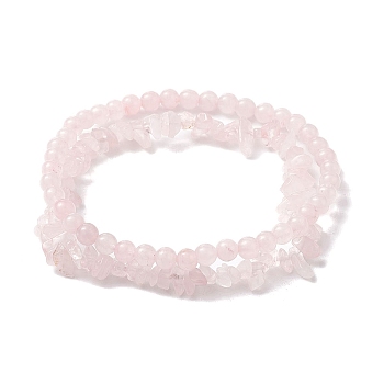 Chip & Round Natural Rose Quartz Beaded Stretch Bracelets for Women, Inner Diameter: 1-7/8~2-1/8 inch(4.7~5.5cm), 2pcs/set