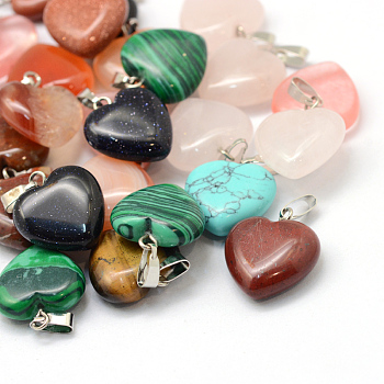 Heart Natural & Synthetic Mixed Stone Pendants, with Platinum Tone Brass Findings, 17~19x15~16x5~8mm, Hole: 2x7mm