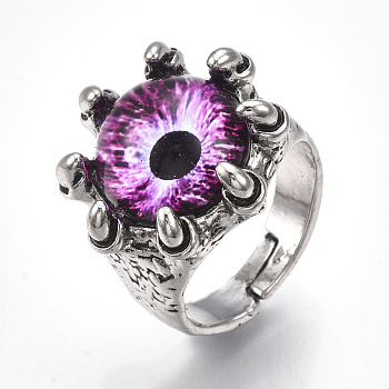 Adjustable Alloy Glass Finger Rings, Wide Band Rings, Dragon Eye, Antique Silver, Blue Violet, Size 8, 18mm