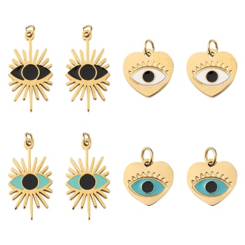 8Pcs 4 Style 316 Surgical Stainless Steel Enamel Pendants, with Jump Rings, Golden, Evil Eye & Heart with Evil Eye, Mixed Color, 9.5~16.5x9~10x1mm, Jump Ring: 2.7x0.4mm, Inner Diameter: 1.9mm, 2pcs/style