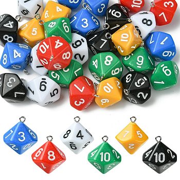 30Pcs 6 Colors Acrylic Pendants, with Platinum Iron Loops, Ten Facets, Dice, Mixed Color, 25x21.5x21.5mm, Hole: 2mm, 5pcs/color