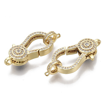 Brass Micro Pave Clear Cubic Zirconia Lobster Claw Clasps, with Tube Bails, Nickel Free, Flat Round, Real 16K Gold Plated, Clasp: 27x14x7mm, Hole: 1.5x2mm, Tube Bails: 9.5x7.5x1.5mm, hole: 1.2mm