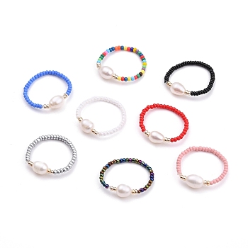 Natural Pearl Beaded Stretch Rings, with FGB Glass Seed Beads, Mixed Color, US Size 10 1/2, Inner Diameter: 20mm