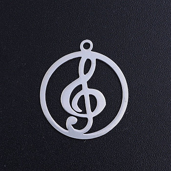 201 Stainless Steel Filigree Charms, Flat Round with Musical Note, Stainless Steel Color, 22.5x19.5x1mm, Hole: 1.5mm