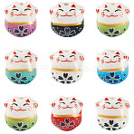 9Pcs Handmade Printed Porcelain Beads, Lucky Cat, Mixed Color, 13x14x11mm, Hole: 2mm(PORC-TADJ0001-01C)